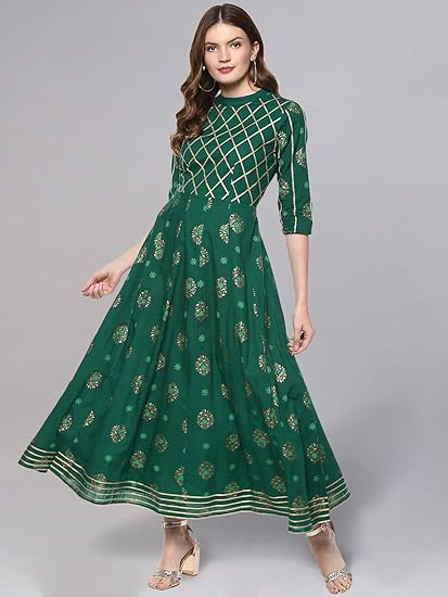 Women's Cotton Print Anarkali Kurta L Dark Green