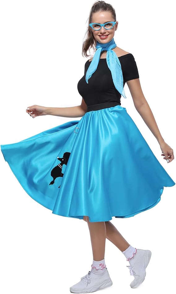50s Outfits Women Sock Hop Costume 1950s Poodle Skirt with Scarf, Glasses, Socks 4 Piece Set
