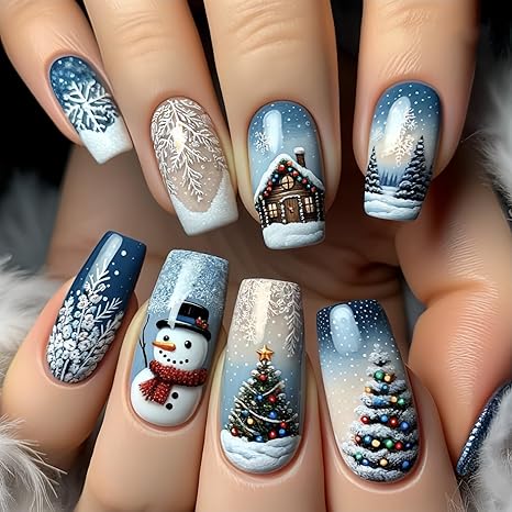 Christmas Nails: Snowman and Christmas Tree Winter Wonderland Nails