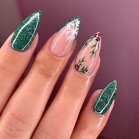 Christmas Nails: Green Glitter and Holly Christmas Nail Art