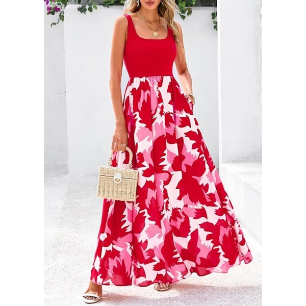 Floral Print Red and Pink Maxi Dress