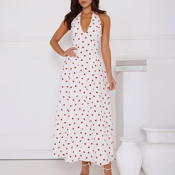 White and Red Heart Print Maxi Dress