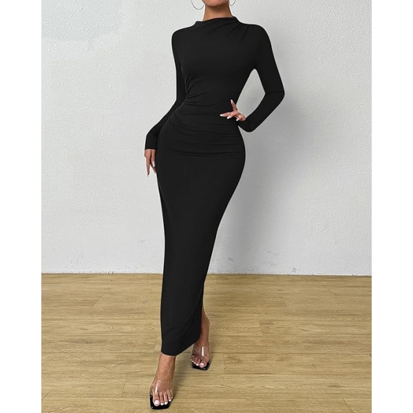 Black Long Sleeve Maxi Dress for Elegant Nights