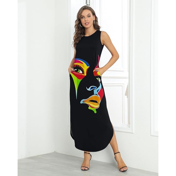Black Art Face Print Maxi Dress for Bold Fashion