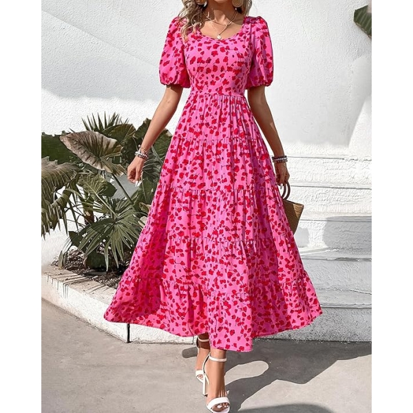 Pink Floral Puff Sleeve Maxi Dress for Summer Events